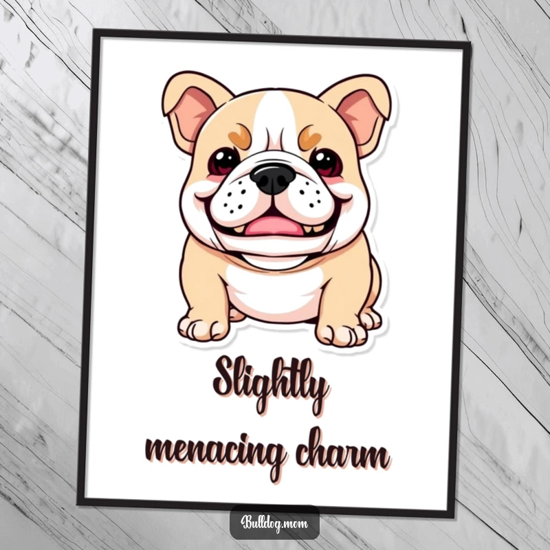Funny Kawaii Bulldog digital art print of a dog with a playful snarl that looks like a happy smile, conveying mischievous joy.