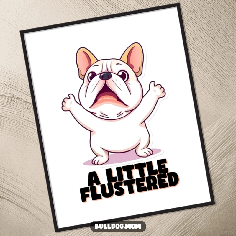 Funny Kawaii Bulldog Digital Art Print: A high-resolution image of a comically startled bulldog with arms in the air.