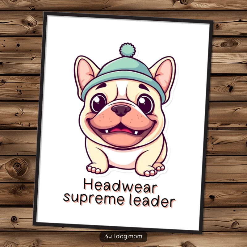 Funny Kawaii Bulldog Digital Art Print of a dog with a goofy grin and hat, perfect for printable wall decor and humorous accents.