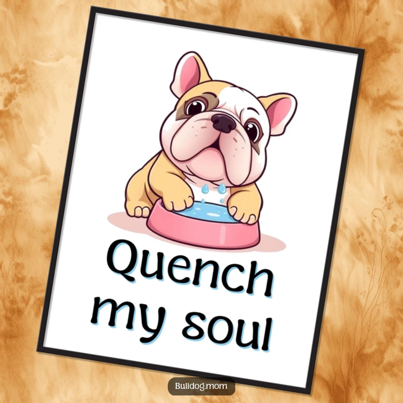 Funny Kawaii bulldog digital art print of a cute dog enthusiastically chugging water, delivering instant humor and charm.