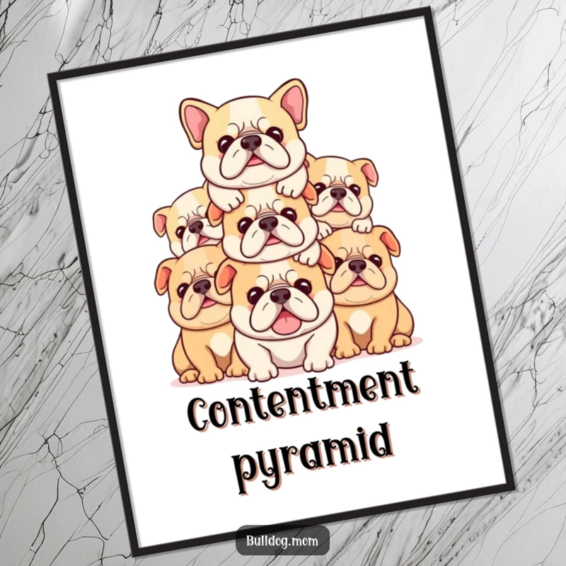 Funny Kawaii bulldog digital art print of a stack of cute pups piled contentedly, delivering instant cheer and comfort.