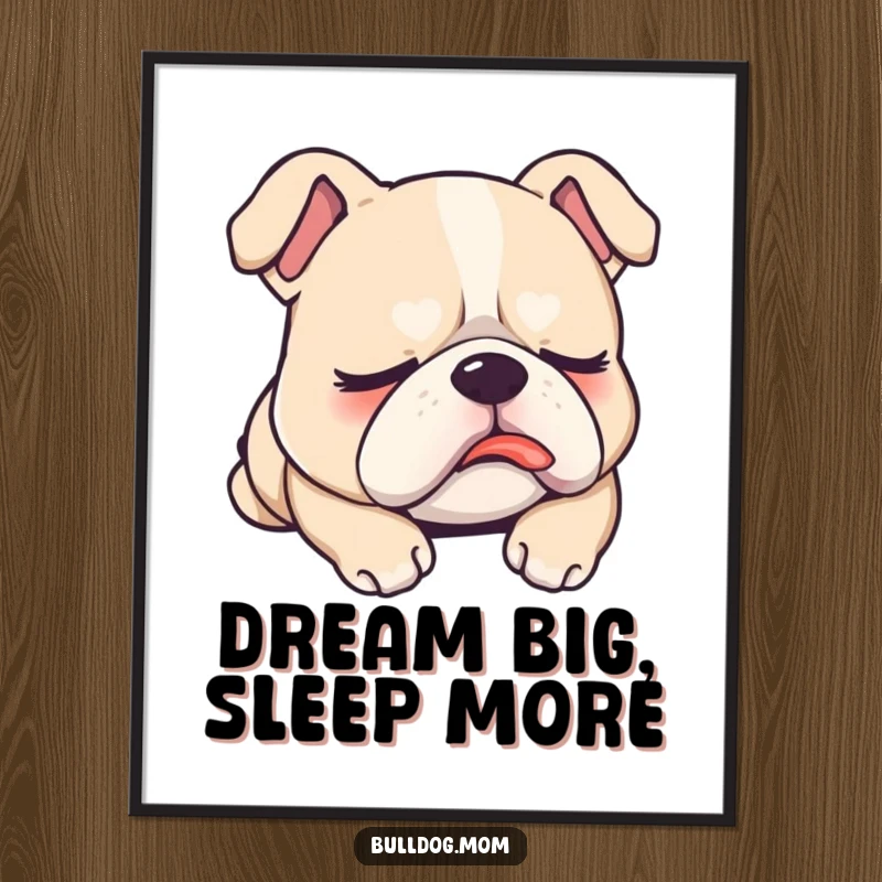 Funny Digital Art Print of a sleepy Kawaii bulldog with its tongue out, dreaming, ideal for instantly adding humorous charm to any space.