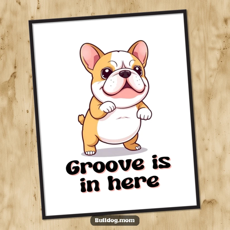 Funny Digital Art Print of a Kawaii bulldog performing a joyful wiggly dance, its tail wagging, perfect for adding instant humor and charm.