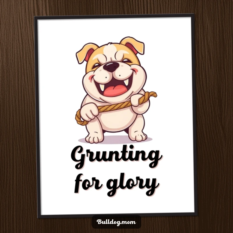 Funny Kawaii Bulldog digital art print with a happy grunt, playing tug-of-war with a rope, perfect for energetic and humorous decor.