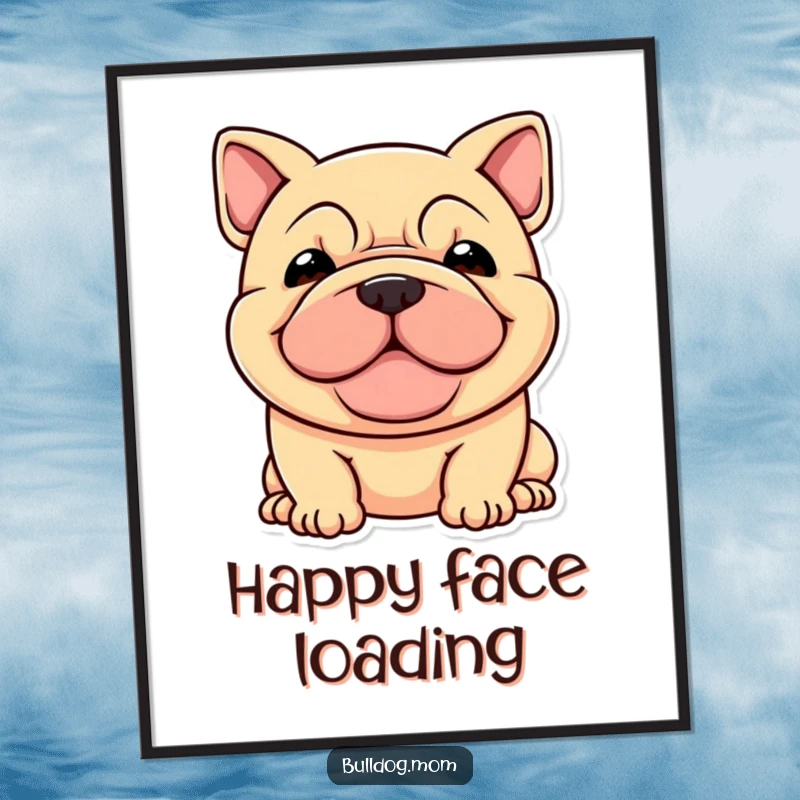 Funny digital art print of a stocky dog's ecstatic, wrinkled face, radiating pure happiness and humor.