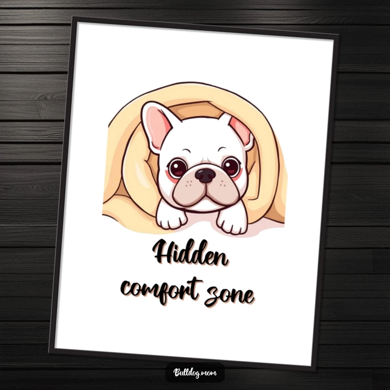 Funny Kawaii Bulldog Digital Art showing a cute bulldog peeking from under a blanket, radiating pure coziness.