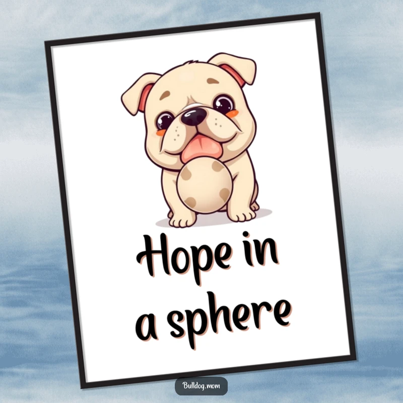 Funny Kawaii Bulldog Digital Art Print: High-resolution download of a cute, hopeful dog offering a slobbery ball, perfect funny wall art.