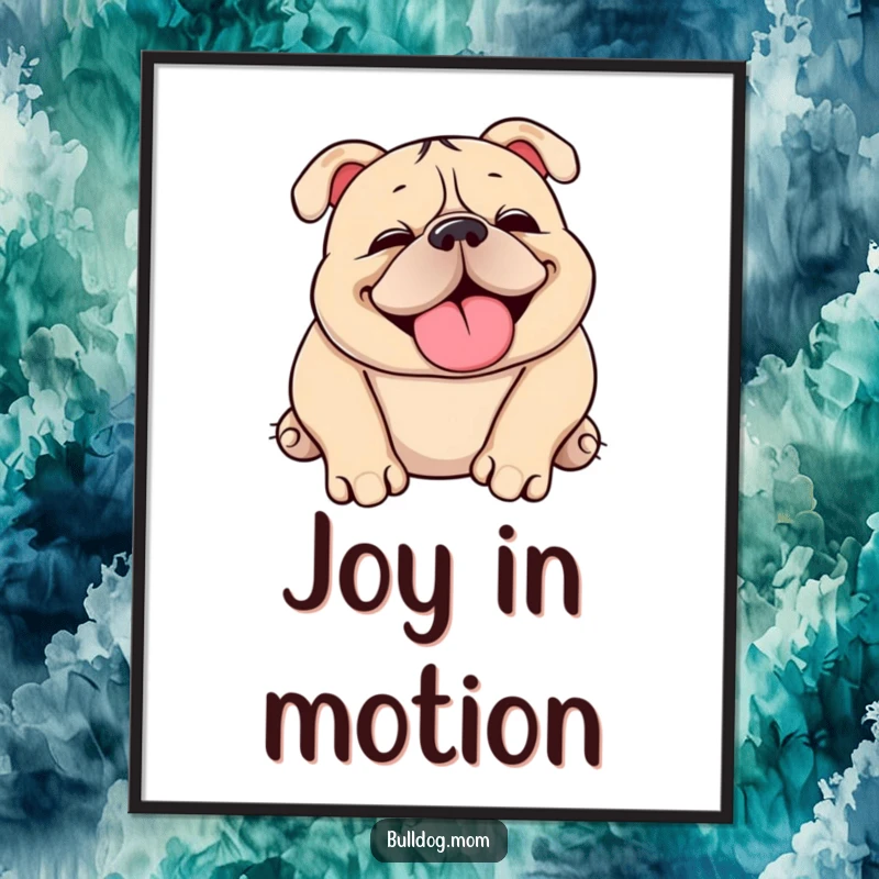 Funny Kawaii bulldog digital art print of a cute, squishy dog happily snorting and rolling over, delivering instant cheer.