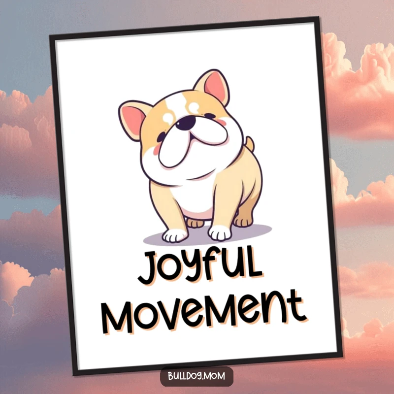 Funny Kawaii Bulldog doing a happy wiggle with stubby legs, vibrant and humorous digital art.