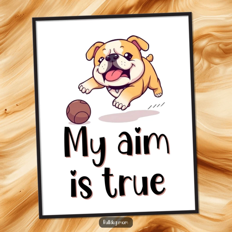 Funny Kawaii Bulldog digital art print, high resolution, illustrating a dog's comical waddle and determined chase after a rolling ball for humorous decor.