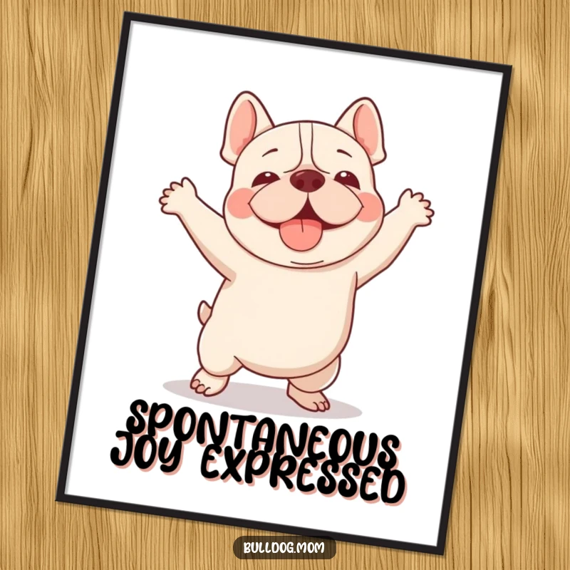 Funny Kawaii Bulldog digital art print of a dog doing a clumsy but adorable happy dance, radiating pure joy and celebratory spirit.
