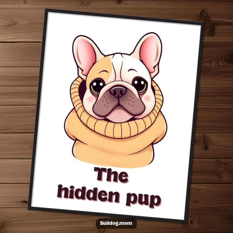 Funny Kawaii Bulldog Digital Art Print: A cute bulldog peeking from an oversized sweater, capturing cozy charm for instant decor.