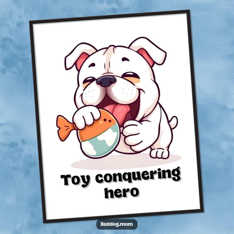 Funny Kawaii Bulldog Digital Art Print: A determined bulldog enthusiastically wrestling a squeaky toy, capturing playful energy for instant decor.
