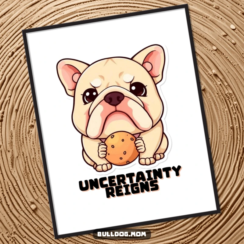 Funny Kawaii Bulldog Digital Art Print: High-resolution download of a cute, confused dog contemplating a treat, perfect funny wall decor.