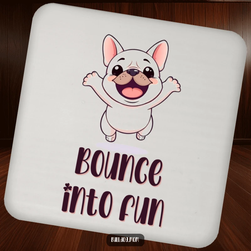Funny Kawaii Bulldog Coaster depicting a cute bulldog in a joyful jump, adding a fun element to any table.