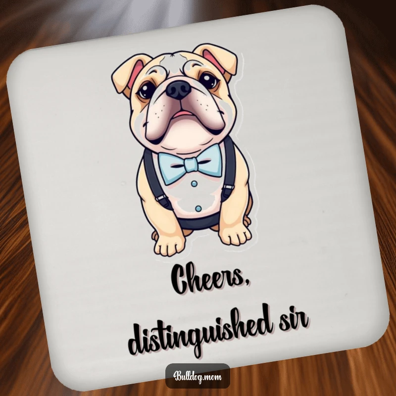 Funny coaster with a bulldog wearing a small bow tie and suspenders, adding a touch of class and humor to any surface.