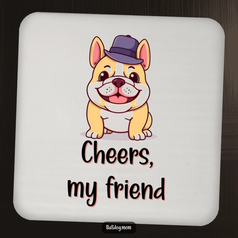 Funny coaster with a grinning bulldog tipping its hat, adding a touch of class and humor to any surface.