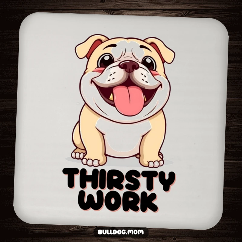 Funny coaster featuring a bulldog panting with a lolling tongue, adding humorous and happy dog charm to drink protection.