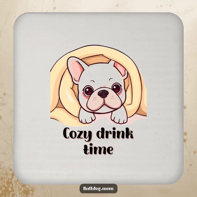 Funny Kawaii Bulldog Coaster depicting a cute bulldog peeking from under a blanket, adding a cozy touch to tables.
