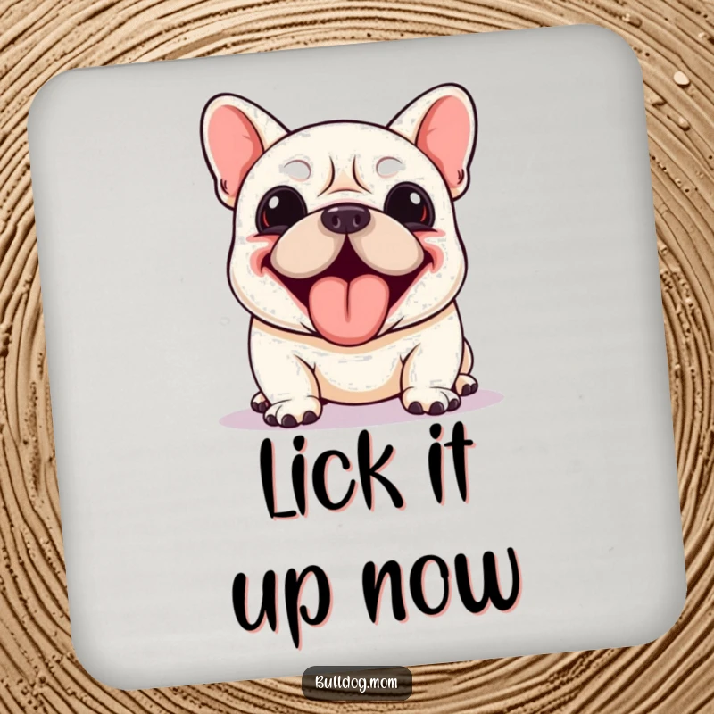 Funny Kawaii Bulldog drink coaster featuring a dog panting enthusiastically with its tongue lolling out, protecting surfaces with humor.