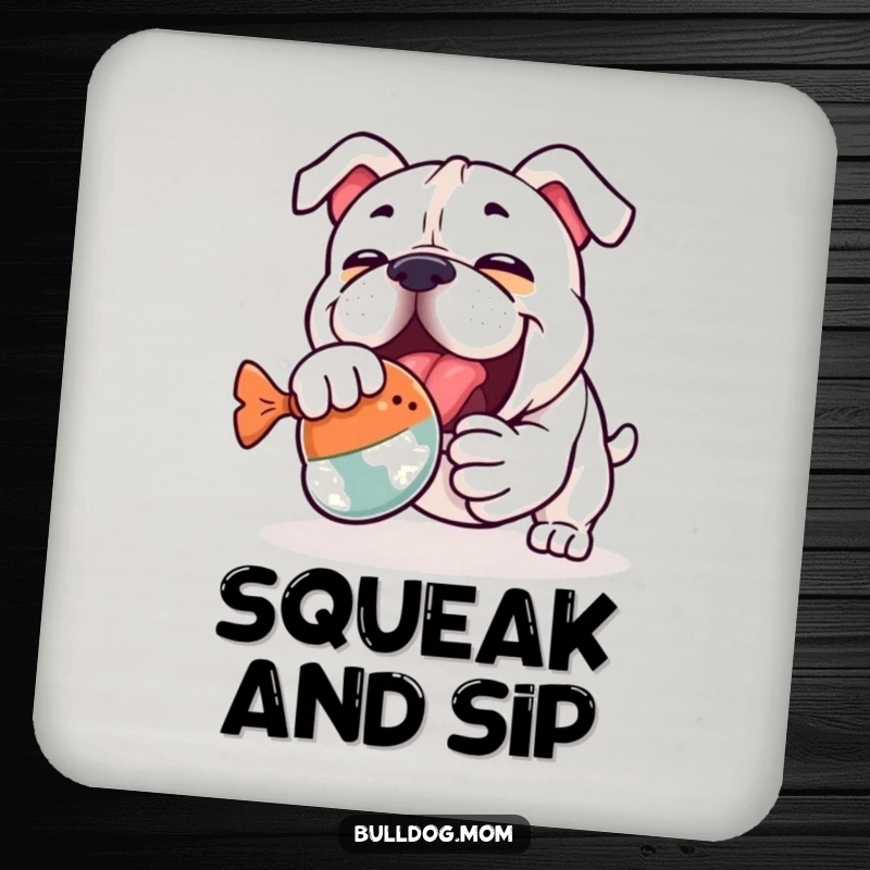 Funny Kawaii Bulldog Drink Coaster: A cute bulldog enthusiastically wrestling a squeaky toy, protecting surfaces with adorable humor.