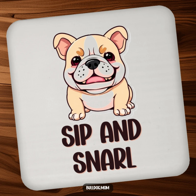 Funny Kawaii Bulldog drink coaster featuring a dog with a playful snarl that looks like a happy smile, protecting surfaces with humor.