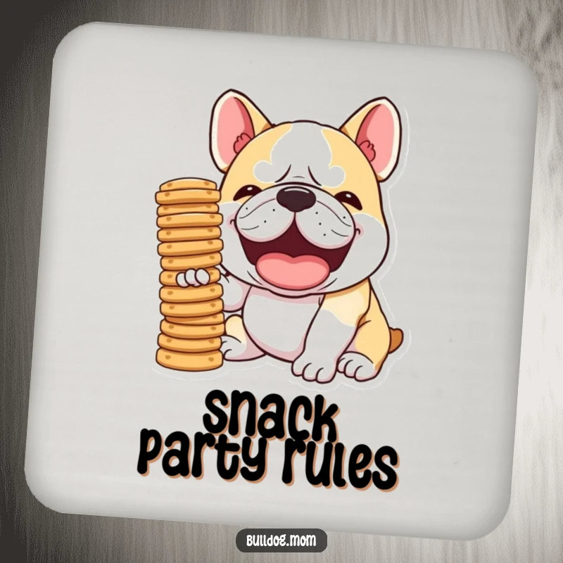 Funny Kawaii Bulldog drink coaster, showing a dog laughing hysterically while attempting to balance a stack of biscuits, adding humorous snack appeal.