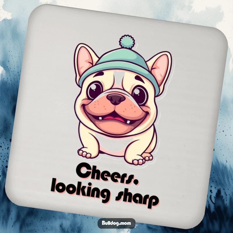 Funny Kawaii Bulldog Coaster set with a goofy grin and hat, adding humorous charm and surface protection.