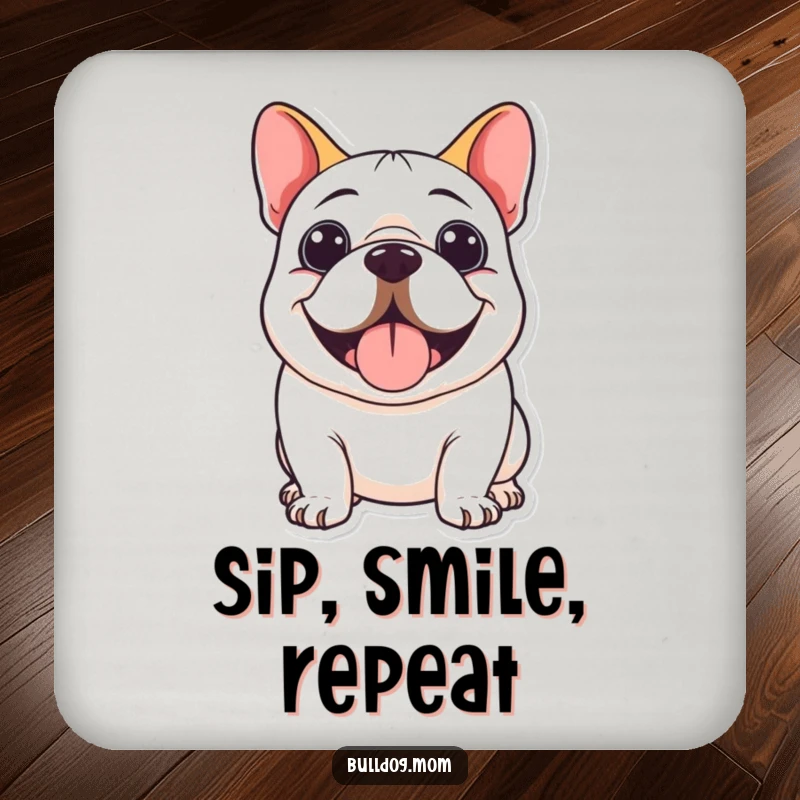 Funny Kawaii Bulldog Coaster with a cute bulldog happily panting and sporting a big, wide smile.