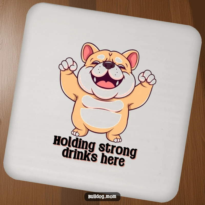 Funny Bulldog flex coaster showing a sturdy, smiling Bulldog enthusiastically flexing its arms, adding a touch of muscle.