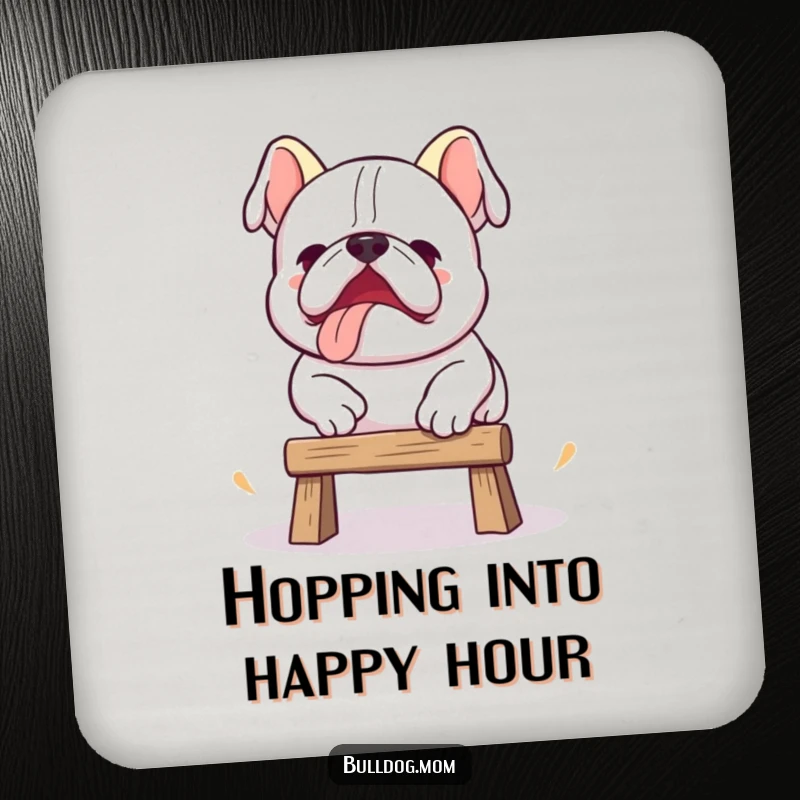 Funny Kawaii bulldog coaster featuring a cute dog attempting a clumsy jump, adding humor to drink service.