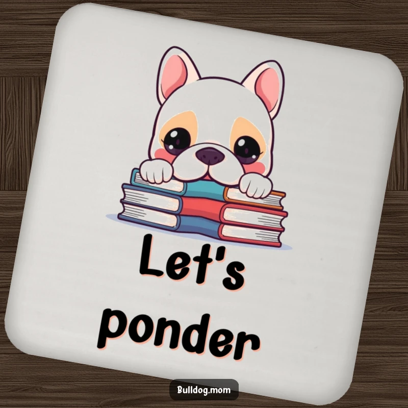Funny Kawaii Bulldog peeking over a small pile of books, a humorous and protective drink coaster.