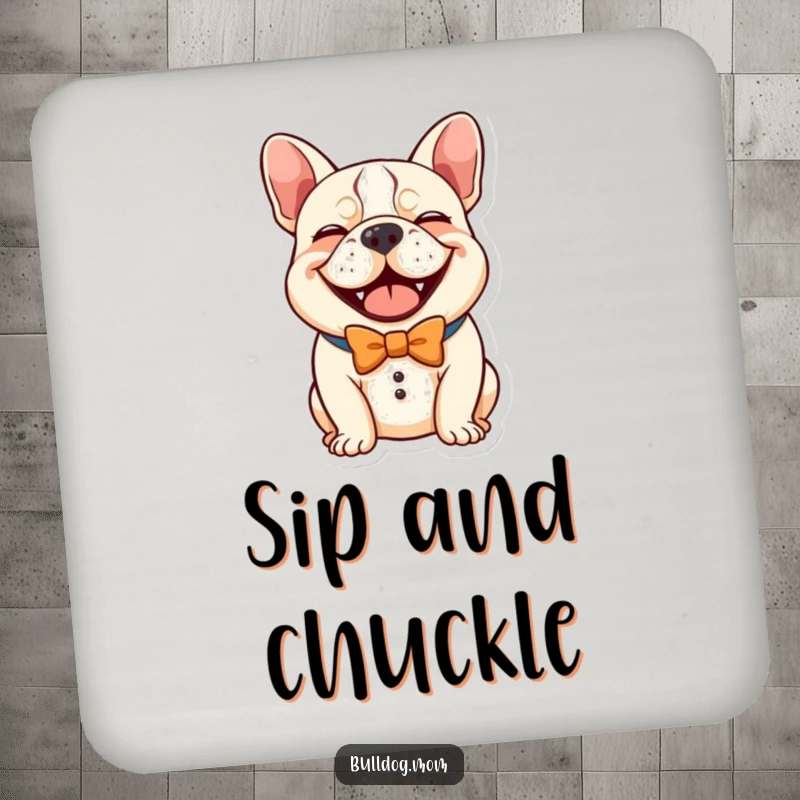 Funny Kawaii Bulldog Drink Coaster, a cute dog in a comical bow tie giving a hearty laugh, a humorous and protective dog accessory.