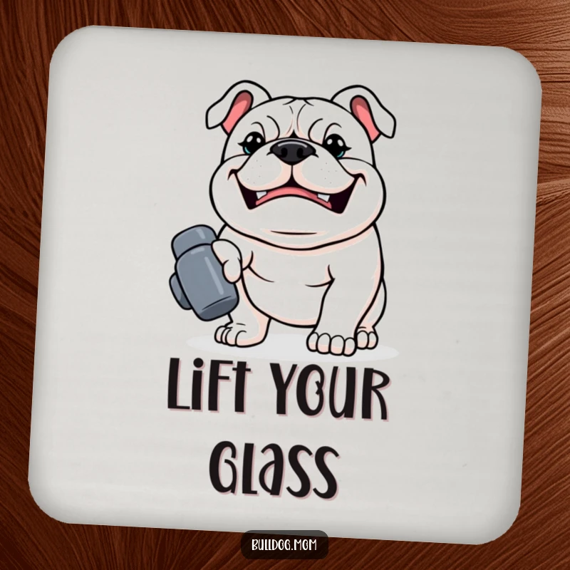 Funny Kawaii Bulldog Drink Coaster, a strong dog with a determined grin carrying a tiny dumbbell, a humorous and protective dog accessory.