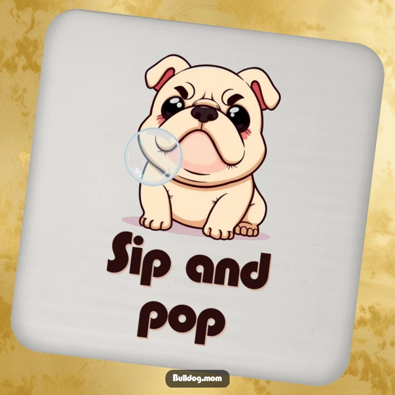 Funny Kawaii Bulldog drink coaster, showcasing a determined dog with a funny gaze, trying to catch a delicate bubble, adding humor to any table.