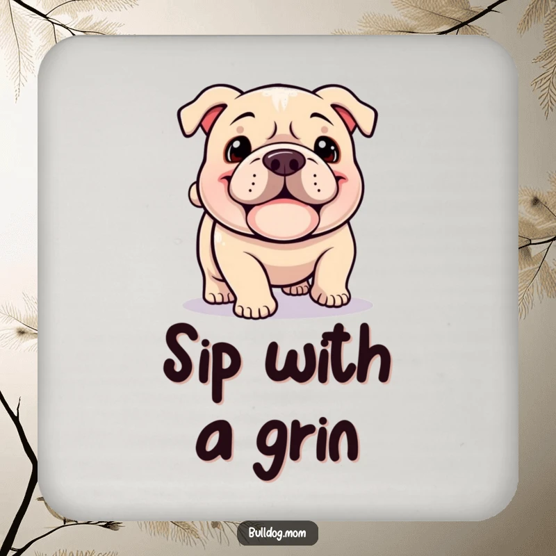 Funny Kawaii Bulldog coaster, a happy dog with a jowly grin happily plodding with a wagging tail, adding charm to drink protection.
