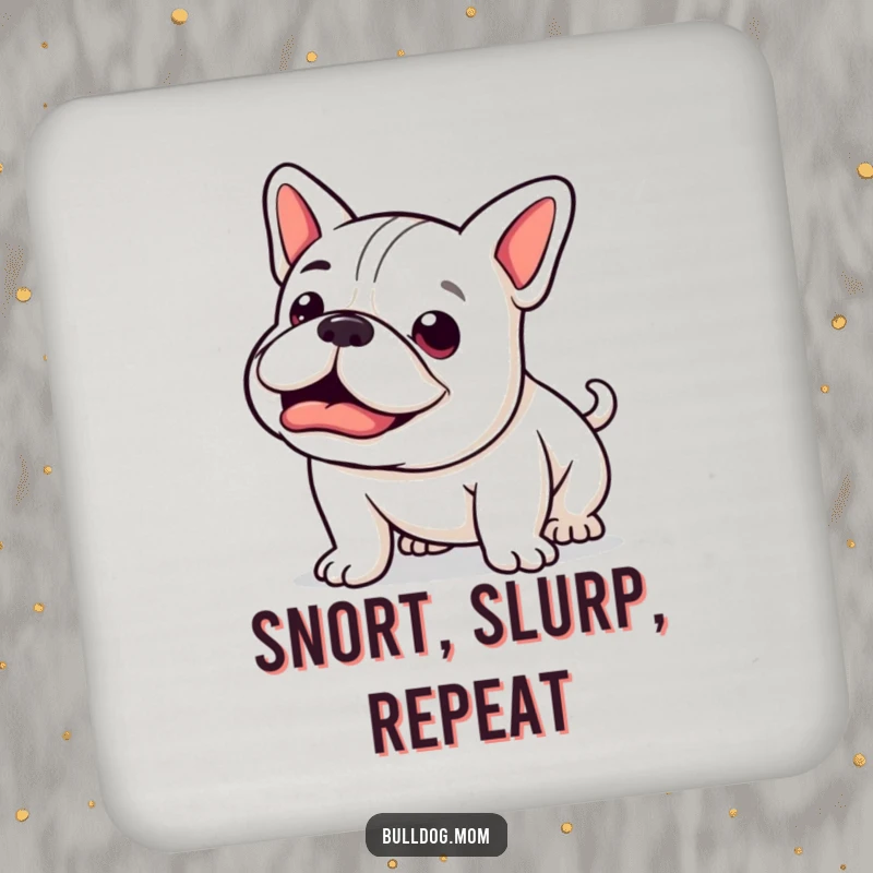 Funny Kawaii Bulldog Drink Coaster: A cute bulldog mid-happy snort, stubby tail wagging, providing humorous protection.