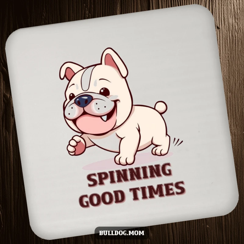 Funny Kawaii Bulldog Drink Coaster: A cute bulldog comically chasing its tail, providing humorous protection for tabletops.