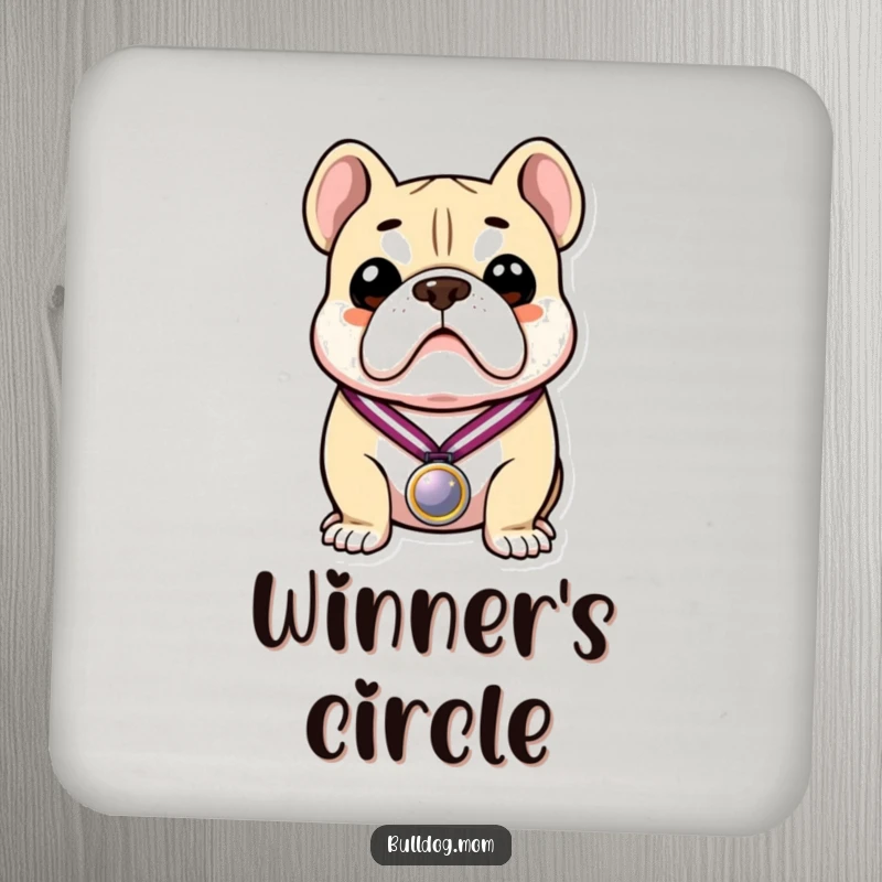 Funny coaster featuring a proud bulldog holding a medal, adding a humorous and protective touch to any drink surface.