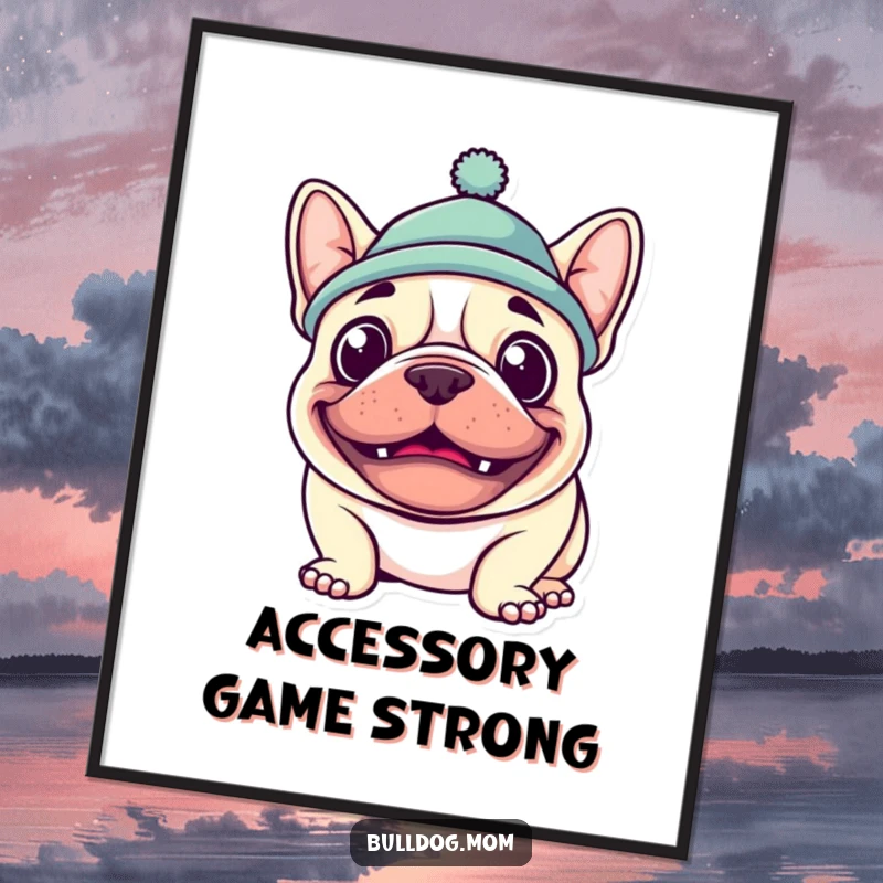 Funny Kawaii Bulldog Poster with a goofy grin and hat, ideal for humorous wall art and cheerful home decor.