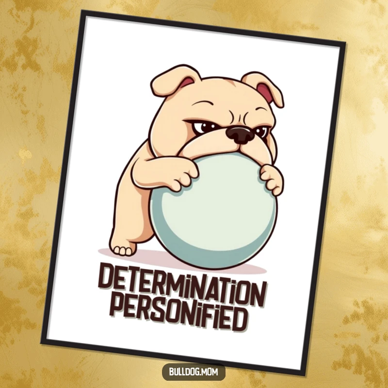 Funny poster of a bulldog with a determined look, actively pushing a large ball, conveying strength and unwavering focus.