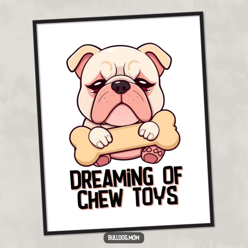 Funny Kawaii Bulldog poster with droopy eyes, blissfully cuddling a plush bone, bringing a warm and humorous vibe to any room.