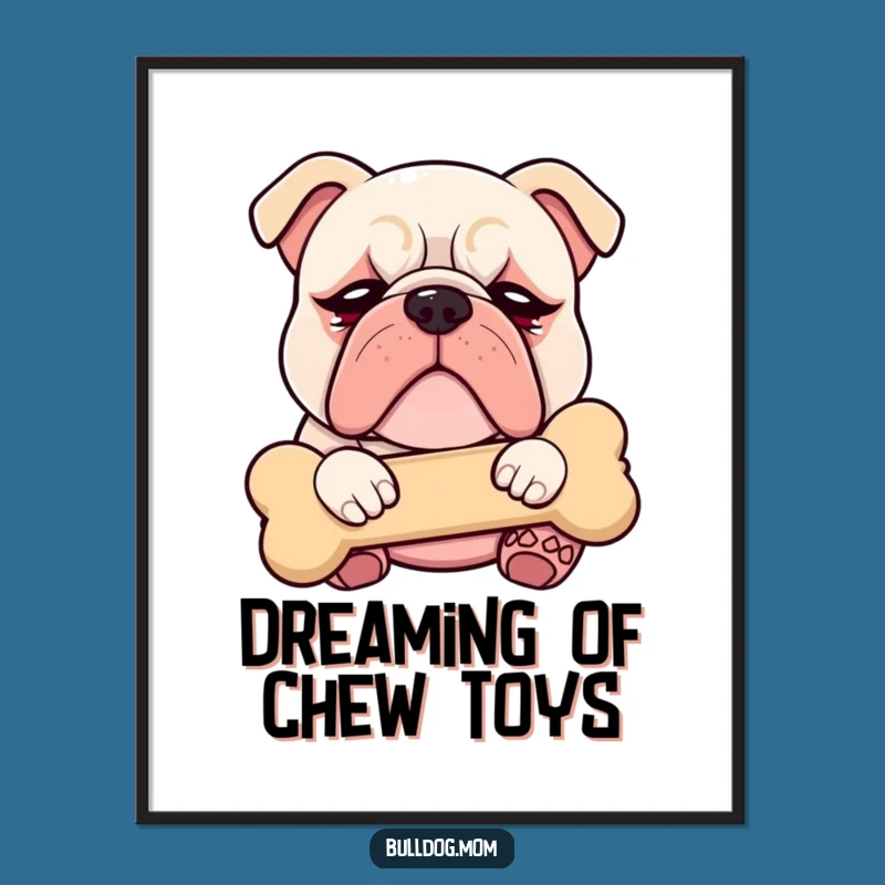 Funny Kawaii Bulldog Droopy Eyes Poster - Blissful Puppy Cuddling Bone Art