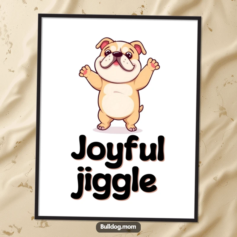 Funny poster of a bulldog captured mid-clumsy, happy dance, radiating infectious joy and playful spirit.