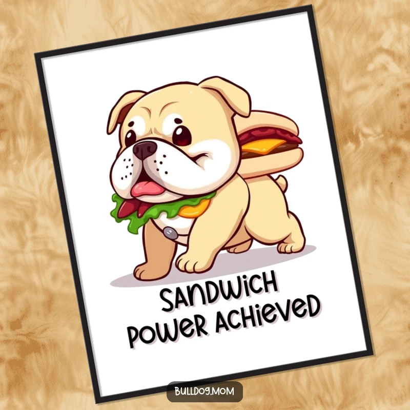 Funny poster depicting a happy bulldog waddling with a large sandwich, a humorous and appetizing piece.