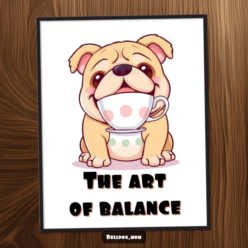 Funny poster of a happy bulldog balancing a teacup on its nose, a delightful piece of humorous wall art.