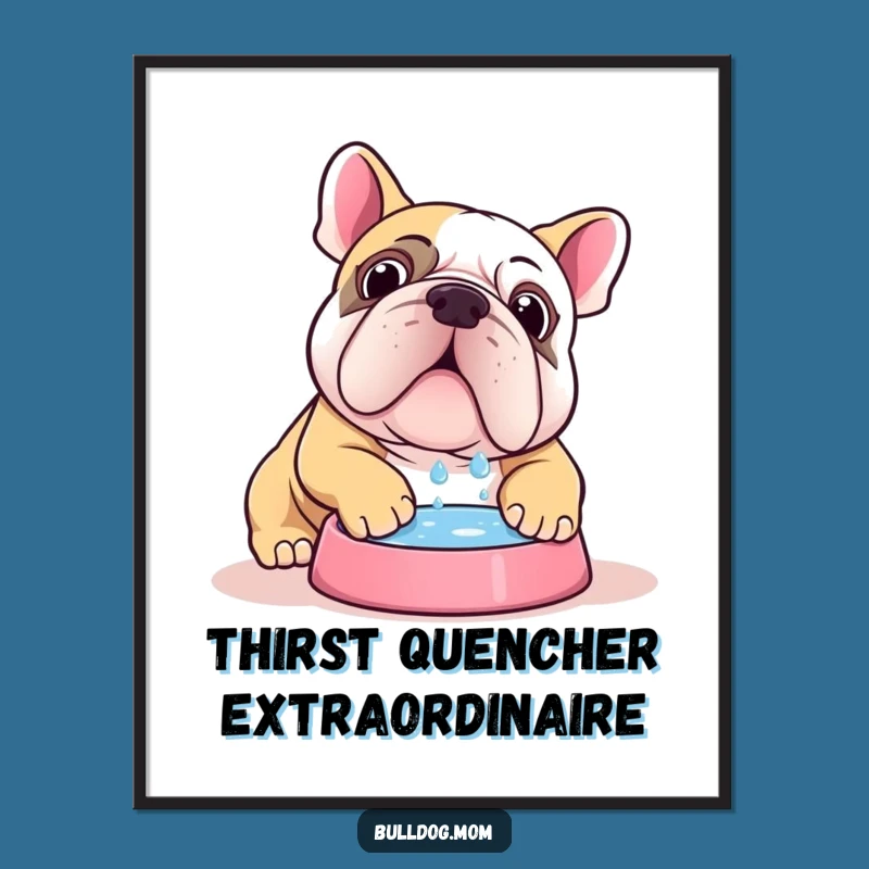 Funny Kawaii Bulldog Chugging Water Poster: Adorable Thirst Art