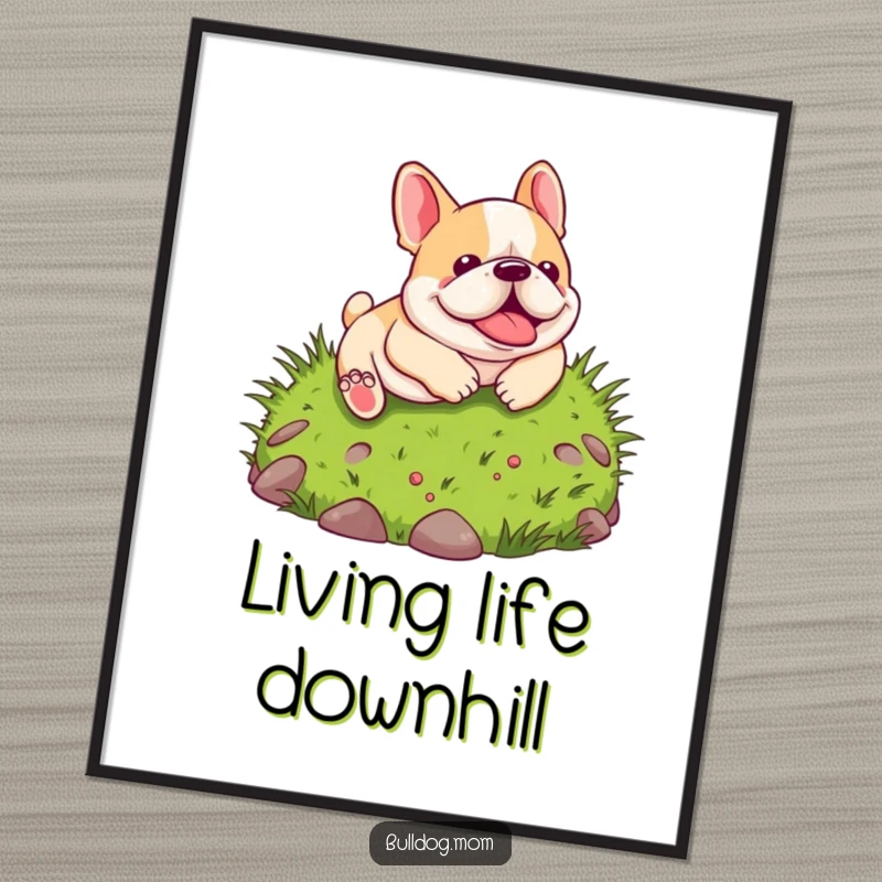 Funny Kawaii Bulldog Poster: A whimsical illustration of a cute bulldog joyfully rolling down a grassy hill, capturing a scene of pure delight.