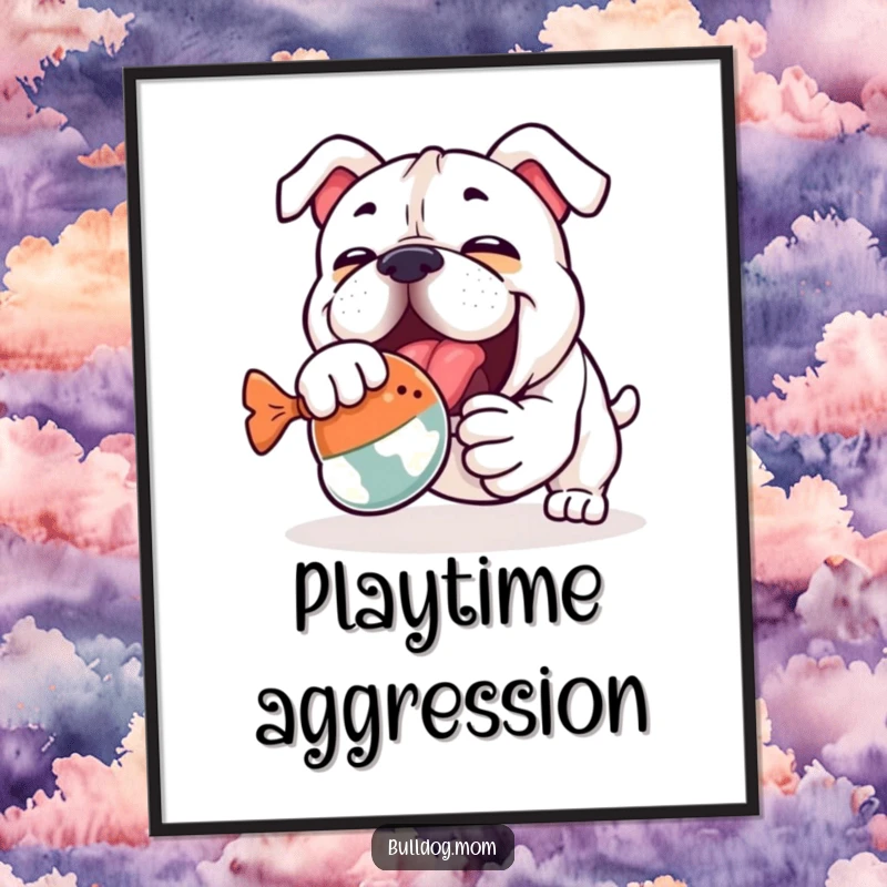 Funny Kawaii Bulldog Poster: Depicts a determined bulldog mid-wrestle with a squeaky toy, capturing pure, uninhibited playful energy.