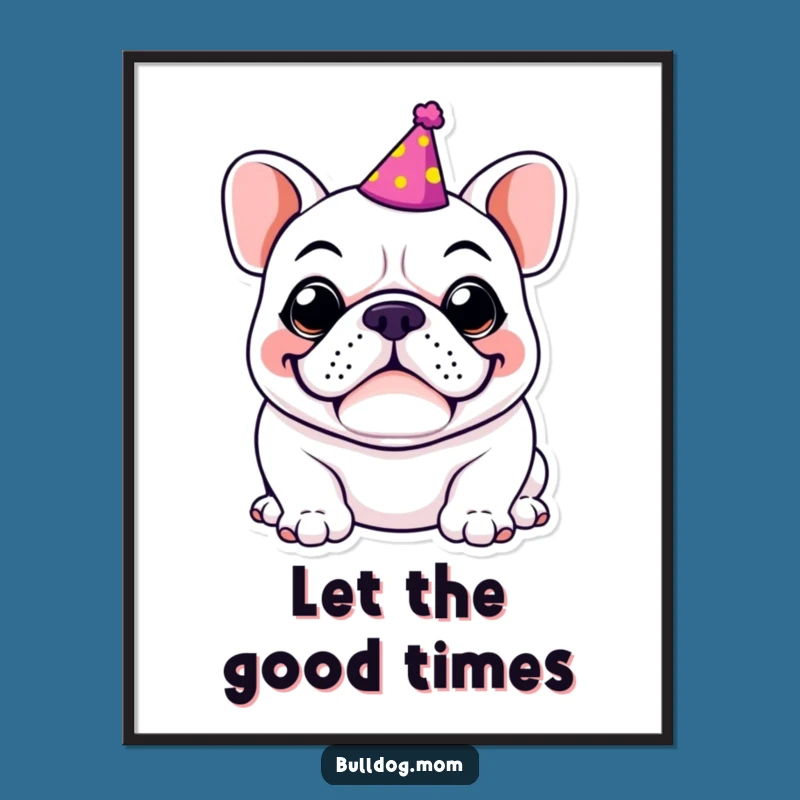 Funny Kawaii Bulldog Poster, Whimsical Party Art for Festive Decor